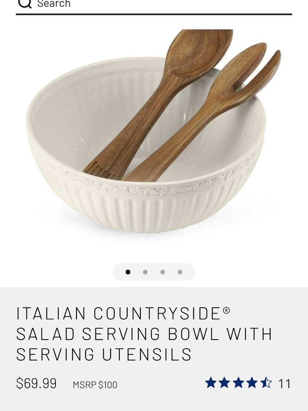 Mikasa Cream Ceramic Salad Bowl with Wooden Serving Utensils